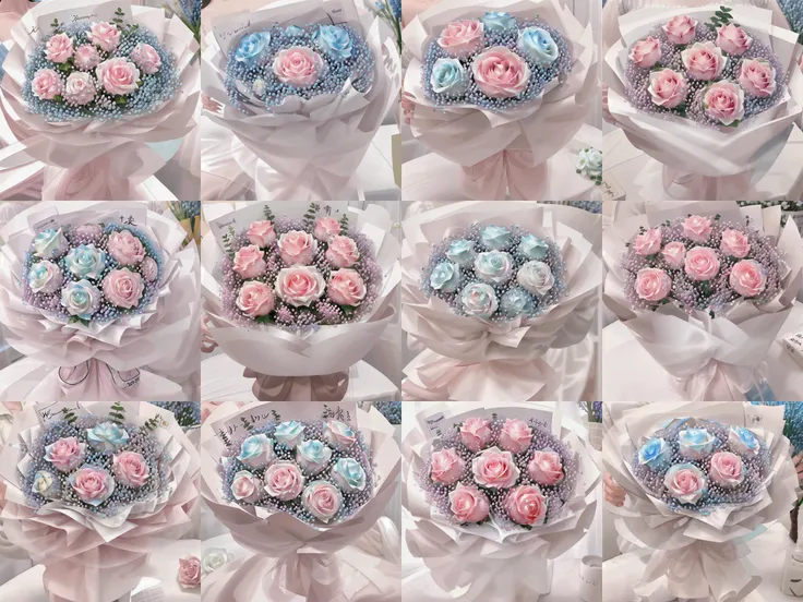 bouquet,(pink rose:1.1),blue gypsophila paniculata,white rose,white packing, <lora:BouquetLatin_V13:1>