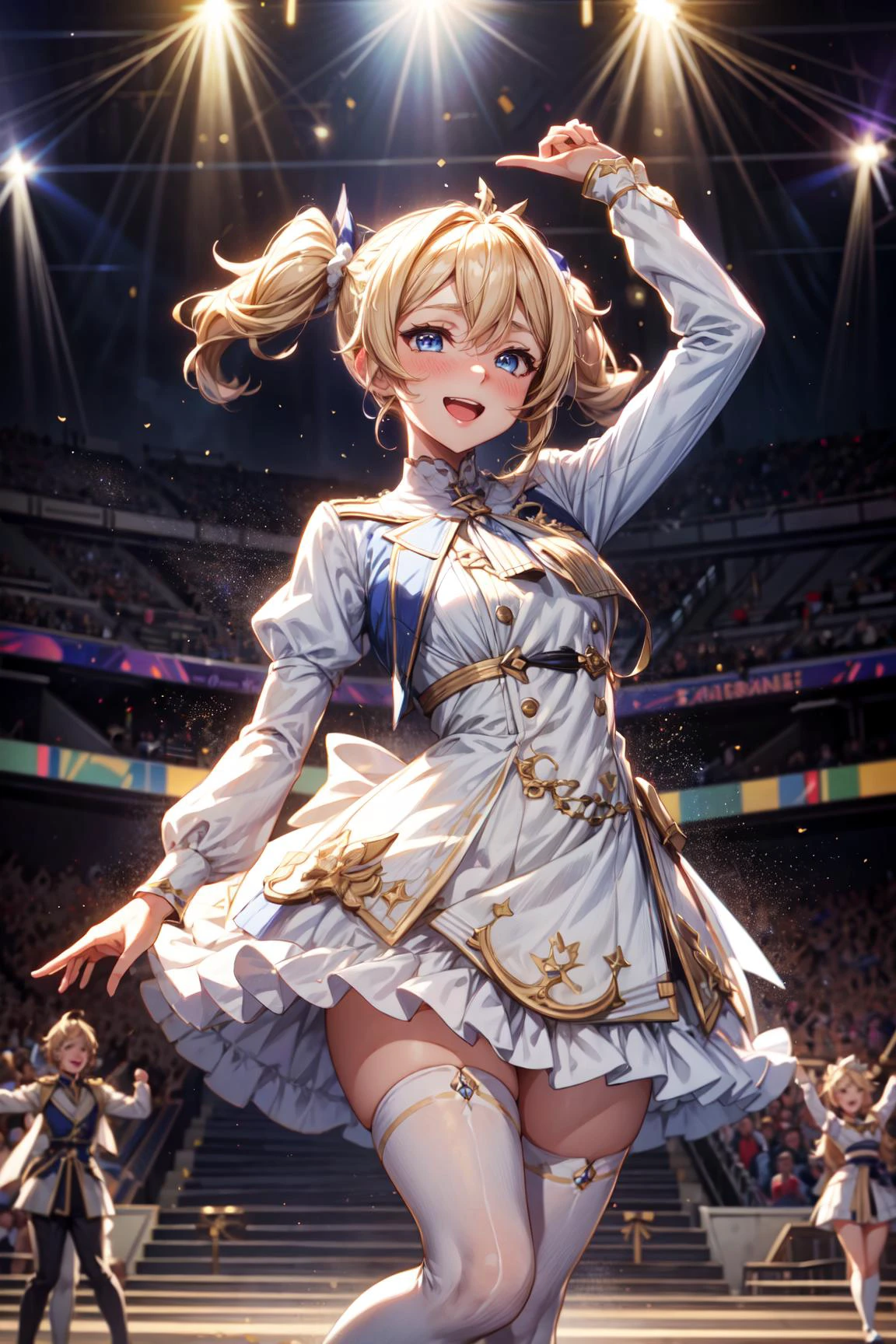 1girl,barbara \(genshin impact\),blonde hair,twintails,blue eyes,white dress,smile,happy face,(singing),(idol),jumping,concert stage,crowd concert,crowd,jumping, mid of air,good hand,good finger,masterpiece,extremely detailed CG unity 8k wallpaper, best quality,32k,focus sharp, <lora:BarabaraGenshinV2:1>, <lora:add_detail:1>