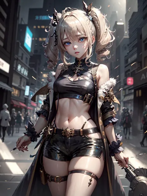 latex shorts, t-shirt, city, hair ornament, extreme details, twintails, masterpiece, <lora:BarabaraGenshinV2-000014:.65> genshin_impact,blue_eyes,blonde_hair,barbara \(genshin impact\) <lora:CyberpunkStyleV1:.75> PunkAI