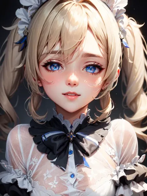 shiny, shiny hair, shiny clothes, ((face)), closeup shot, closeup, detailed eyes, maid dress, hair ornament, extreme details, twintails, masterpiece, <lora:BarabaraGenshinV2-000014:1> genshin_impact,blue_eyes,blonde_hair,barbara \(genshin impact\)