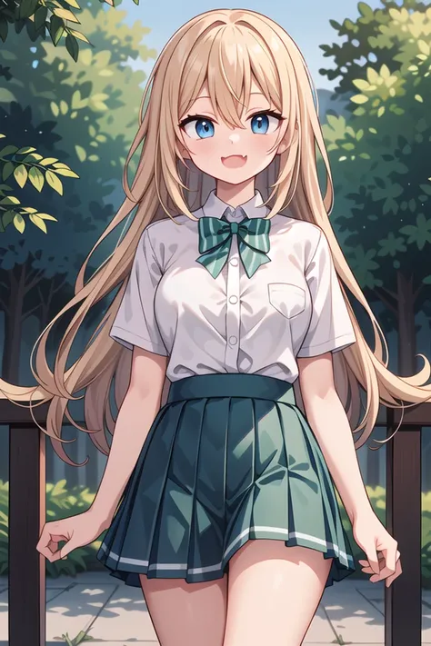 <lora:smugmouth_v100:1>
insanely detailed, absurdres, ultra-highres, ultra-detailed, best quality,
1girl, solo, nice hands, perfect hands
BREAK
summer school uniform, (plain dark green skirt with many pleats:1.4), (striped green bowtie:1.3), short sleeves, white shirt, shirt with white button, shirt_tucked_in
BREAK
(breast pocket, vest, blazor, long sleeves, checked skirt, striped skirt, striped shirt, striped sleeves, bra visible through clothes, skirt with frill:-1)
BREAK
(nsfw:-1.5)
BREAK
(nsfw:-1.5)
BREAK
evil smile, open mouth, fang
BREAK
standing, cowboy shot, looking at viewer
BREAK
slender, kawaii, perfect symmetrical face, ultra cute girl, ultra cute face, ultra detailed eyes, ultra detailed hair, ultra cute, ultra beautiful
BREAK
in forest, depth of field, ultra detailed background
BREAK
blonde hair, blue eyes, dutch braids, hair between eyes