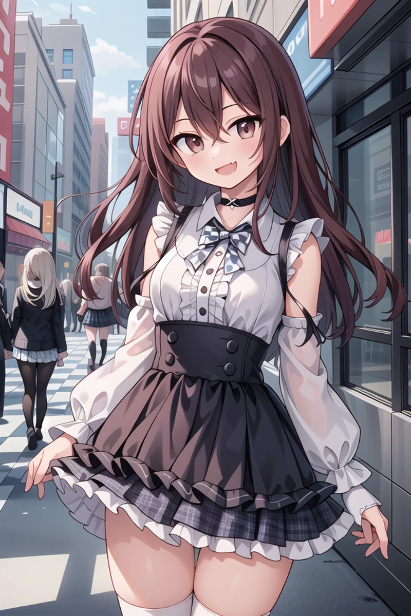 <lora:smugmouth_v100:1>
insanely detailed, absurdres, ultra-highres, ultra-detailed, best quality,
1girl, solo, nice hands, perfect hands
BREAK
(a checkered clothes:2.0), (a checkered idol clothes:1.6), (short frill sleeve:1.3), (layered skirt,multilayer-skirt:1.6), (white thigh-high socks:1.4), (white choker,white glove with frill:1.3)
BREAK
(nsfw:-1.5)
BREAK
(nsfw:-1.5)
BREAK
evil smile, open mouth, fang
BREAK
standing, cowboy shot, looking at viewer
BREAK
slender, kawaii, perfect symmetrical face, ultra cute girl, ultra cute face, ultra detailed eyes, ultra detailed hair, ultra cute, ultra beautiful
BREAK
in street, cityscape in harajuku, depth of field, ultra detailed background
BREAK
brown hair, brown eyes, fishtail, hair between eyes