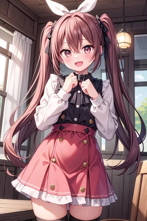 insanely detailed, absurdres, ultra-highres, ultra-detailed, best quality,
1girl, solo, nice hands, perfect hands
BREAK
jirai kei,thighhighs, skirt, twintails, pink skirt, collar, bow, black thighhighs, black bow, long hair, pink bow, hair bow, spiked collar
, (cleavage:-1.5)
BREAK
happy smile, laugh, open mouth
BREAK
45 angle,
standing, cowboy shot, looking at viewer
BREAK
slender, kawaii, perfect symmetrical face, ultra cute girl, ultra cute face, ultra detailed eyes, ultra detailed hair, ultra cute, ultra beautiful
BREAK
in restaurant, depth of field, ultra detailed background
BREAK
medium large breasts
BREAK
brown hair, brown eyes, topknot, hair between eyes