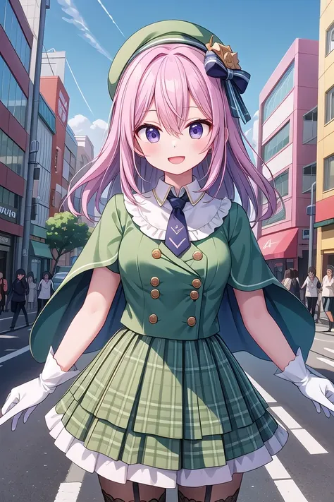 insanely detailed, absurdres, ultra-highres, ultra-detailed, best quality,
1girl, solo, nice hands, perfect hands
BREAK
((gothic dress, Idol costume):1.3), (green and white theme:1.2), (white blouse:1.4), ((white collar, tie):1.3), (open short-cape:1.3), (short sleeve:1.2), (green tartan-check pattern (ruffle-skirt, multilayer-skirt):1.4), (white basque-beret with ribbon:1.3), (Fishnet stockings:1.3), (glove:1.2)
BREAK
smile, laugh, open mouth, standing, (45 angle:-1.5), (from side:-1.5), cowboy shot
BREAK
slender, kawaii, perfect symmetrical face, ultra cute girl, ultra cute face, ultra detailed eyes, ultra detailed hair, ultra cute, ultra beautiful
BREAK
in harajuku, shibuya, tokyo, street, crowd, cityscape
BREAK
medium large breasts, (cleavage:-1), (nsfw:-1.5)
BREAK
(purple hair, black eyes), hair between eyes