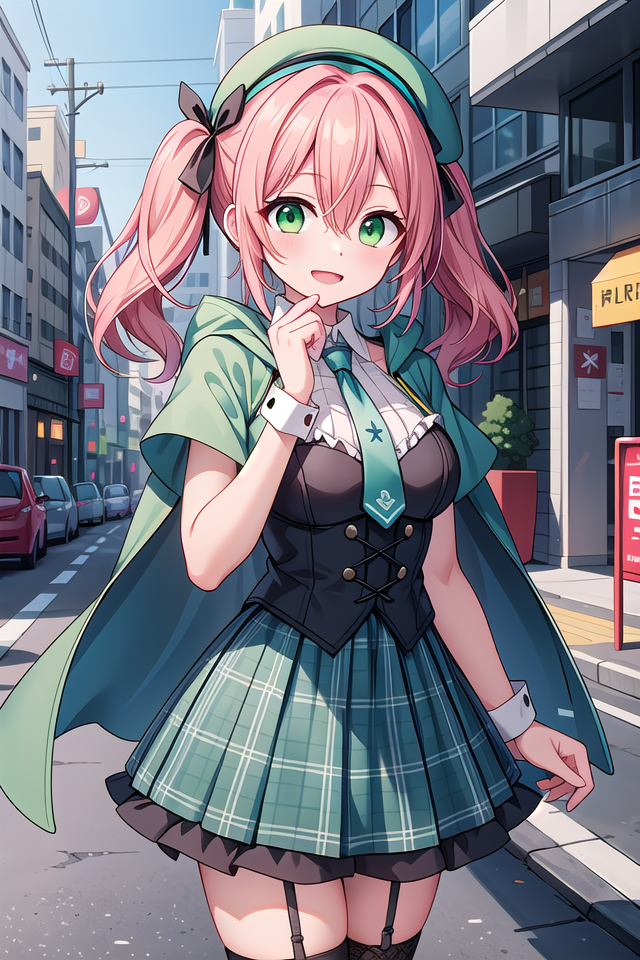 Anime girl in a green dress and hat walking down a street - SeaArt AI