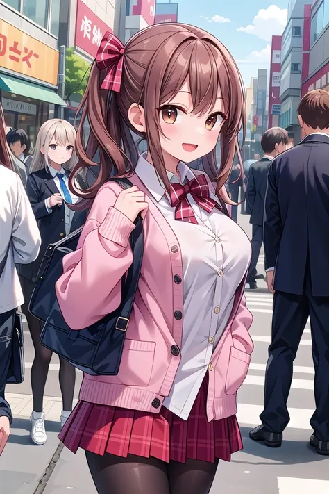 insanely detailed, absurdres, ultra-highres, ultra-detailed, best quality,
1girl, solo, nice hands, perfect hands
BREAK
(School Uniforms:1.2), (pink cardigan is fit body:1.4), ((do up a buttons, not loose):1.5), ((long sleeve, sleeves past wrists):1.2), (inner wear is white collared-shirt:1.3), (red plaid-pattern bow:1.3), (red plaid-pattern pleated skirt:1.3), ((dark-brown pantyhose, loafers):1.2)
BREAK
happy smile, laugh, open mouth, standing,
from side,
cute pose, cowboy shot
BREAK
slender, kawaii, perfect symmetrical face, ultra cute girl, ultra cute face, ultra detailed eyes, ultra detailed hair, ultra cute, ultra beautiful
BREAK
in harajuku, shibuya, tokyo, street, crowd, cityscape
BREAK
medium large breasts,
(brown hair, brown eyes), hime cut