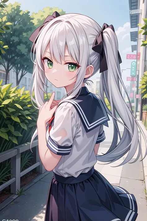 insanely detailed, absurdres, ultra-highres, ultra-detailed, best quality,
1girl, solo, nice hands, perfect hands,
BREAK,
wearing summer school uniform,
expressionless, closed mouth,
standing,
45 angle, cowboy shot, looking at viewer,
BREAK,
(tsurime:1.4),slender, kawaii, perfect symmetrical face, ultra cute girl, ultra cute face, ultra detailed eyes, ultra detailed hair, ultra cute, ultra beautiful,
by Canon EOS, SIGMA Art Lens 35mm F1.4, ISO 200 Shutter Speed 2000,
BREAK,
in a park,
silver hair, twintails, green eyes,