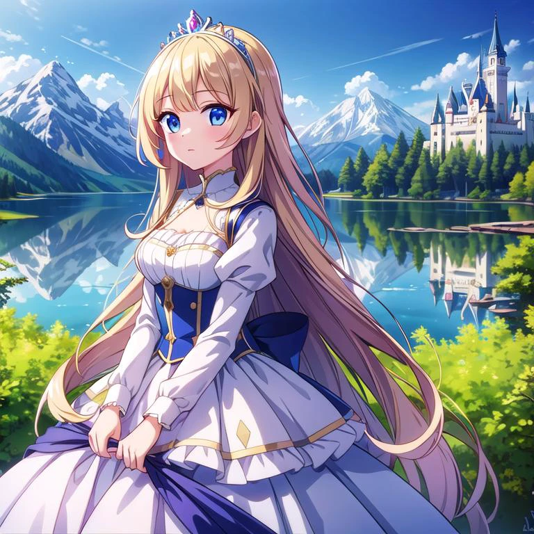 masterpiece, best quality,ultra detail, <lora:anmnr01:0.3> <lora:add_detail:0.5>,1girl,princess,tiara,luxury dress,blond hair,mountain,castle,lake,looking at viewer,close up