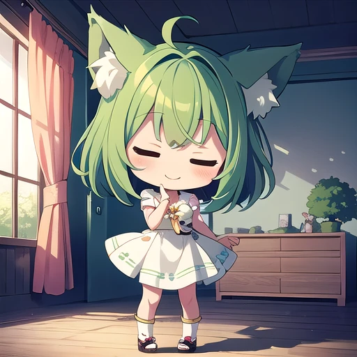 <lora:hotarueye_comic2_type2:1.5>, 1girl, (chibi:1.4), smile, closed mouth, dynamic angle, standing, animal ear, green hair, indoors