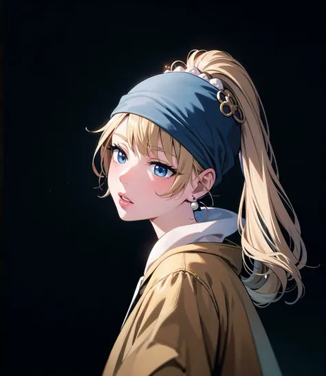 (large pearl earring:1.5), masterpiece, best quality, official art, (hand by Guido Daniele), extremely detailed CG unity 8k wallpaper, 1 girl, a girl with pearl earring, parted lips, yellow robe, looking at viewer,
