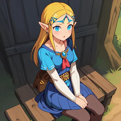 1girl, (by Rick Amor:1.2) , masterpiece, Princess Zelda, Sitting with elbows on knees, Lip Ring, Rustic Brooch, ultrafine detailed, Romantic, Fujicolor, 4K