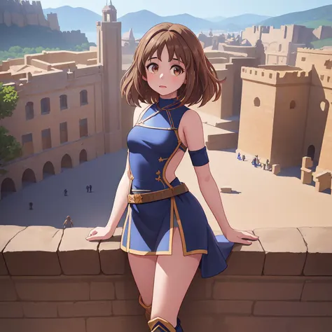 1girl, 8k, Mediterranean (Cristin Milioti:1.1) Corporal, she is Giant and Classic, wearing Mini dress and ankle boots, inside The Dragonpit of King's Landing, Very wide view, detailed, masterpiece, Depth of field 100mm, adobe lightroom, stylized by Mikhail Larionov