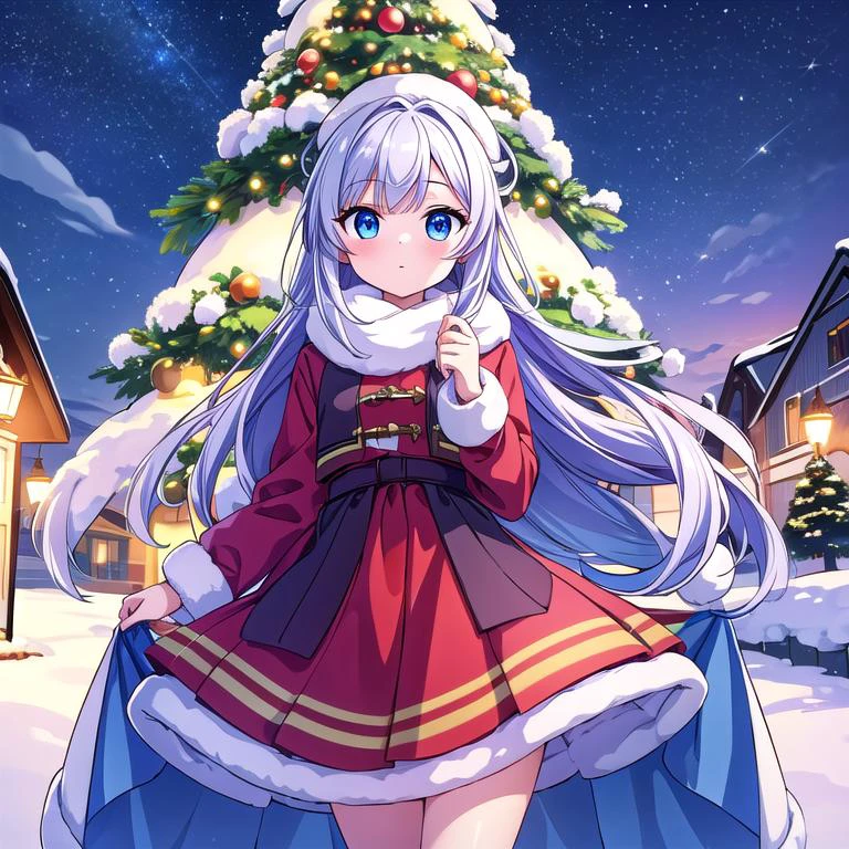 masterpiece, best quality,ultra detail, <lora:anmnr01:0.3> <lora:add_detail:0.5>,1girl,winter dress,looking at viewer,snow town,winter,snow,illumination,christmas tree,evening,large tree,galaxy