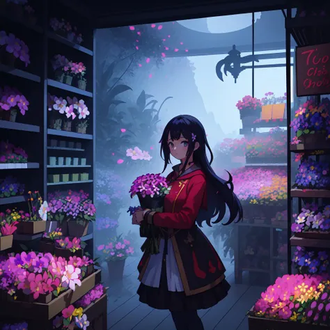 1girl, [stylized by Greg Rutkowski and Edvard Munch::18], fantasy art, Color splash, jungle, Pointillism, surreal, landscape of a (Flower shop:1.3) from inside of The Red Sea Crossing, Stormy weather, Simple and clean, Depth of field 270mm, Vivid Colors, flawless and pleasant