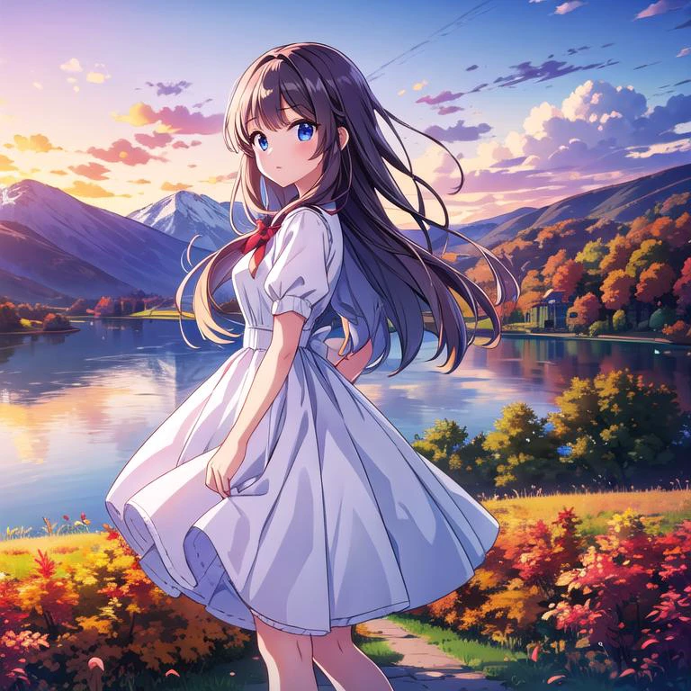 masterpiece, best quality,ultra detail, <lora:anmnr01:0.3> <lora:add_detail:0.5>,1girl,mountain,lake,white dress,looking at viewer,cloud,town,strong wind,autumn,autumn leaves,sunset