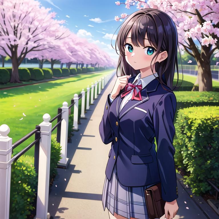 Anime girl in school uniform standing in front of a fence - SeaArt AI