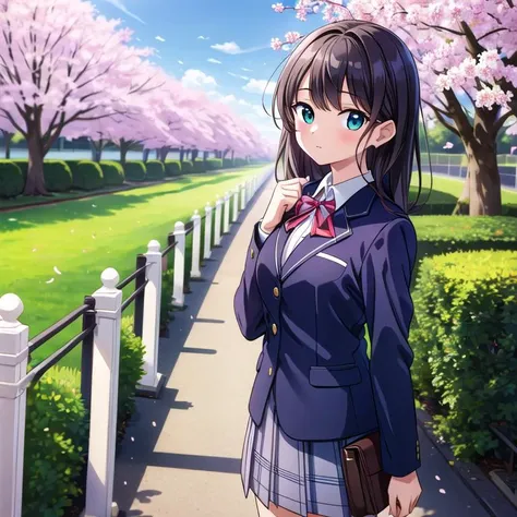 masterpiece, best quality,ultra detail, <lora:anmnr01:0.3> <lora:add_detail:0.5>,1girl,blazer,school uniform,looking at viewer,cherryblossom,spring,country road,holding green cylinder