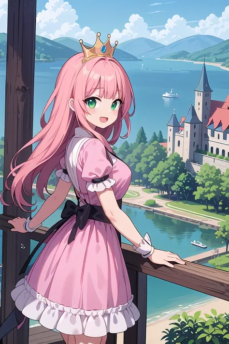 insanely detailed, absurdres, ultra-highres, ultra-detailed, best quality,
1 girl, solo, nice hands, perfect hands,
BREAK,
(wearing princess dress), teara,
happy smile, laugh, open mouth,
standing,
from side, cowboy shot, looking at viewer,
BREAK,
slender, kawaii, perfect symmetrical face, ultra cute girl, ultra cute face, ultra detailed eyes, ultra detailed hair, ultra cute, ultra beautiful,
BREAK,
fantasy world, (castle in background, lake:1.3), (very wide, panorama view, sense of depth, magnificent view:1.3)
BREAK,
princess girl, pink hair, green eyes, medium breasts