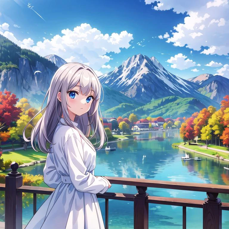 masterpiece, best quality,ultra detail, <lora:anmnr01:0.3> <lora:add_detail:0.5>,1girl,mountain,lake,white dress,looking at viewer,cloud,town,strong wind,autumn