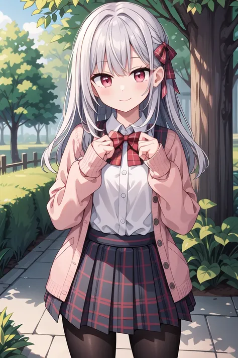 insanely detailed, absurdres, ultra-highres, ultra-detailed, best quality,
1girl, solo, nice hands, perfect hands
BREAK
(School Uniforms:1.2), (pink cardigan is fit body:1.4), ((do up a buttons, not loose):1.5), ((long sleeve, sleeves past wrists):1.2), (inner wear is white collared-shirt:1.3), (red plaid-pattern bow:1.3), (red plaid-pattern pleated skirt:1.3), ((dark-brown pantyhose, loafers):1.2)
, (cleavage:-1.5)
BREAK
happy smile, laugh, closed mouth
BREAK
(45 angle:-1.5), (from side:-1.5),
standing, cowboy shot, looking at viewer
BREAK
slender, kawaii, perfect symmetrical face, ultra cute girl, ultra cute face, ultra detailed eyes, ultra detailed hair, ultra cute, ultra beautiful
BREAK
in forest, depth of field, ultra detailed background
BREAK
medium large breasts
BREAK
(grey hair, red eyes), spiked hair,