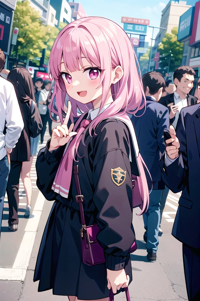 (cleavage:-1.5),insanely detailed, absurdres, ultra-highres, ultra-detailed, best quality,
1girl, solo, nice hands, perfect hands,
BREAK
(wearing winter school uniform),
happy smile, laugh, open mouth,
BREAK
standing, 45 angle,
cute pose, cowboy shot,
BREAK
slender, kawaii, perfect symmetrical face, ultra cute girl, ultra cute face, ultra detailed eyes, ultra detailed hair, ultra cute, ultra beautiful,
BREAK
in harajuku, shibuya, tokyo, street, crowd, cityscape,
BREAK
small breasts
(pink medium hair, pink eyes), hime cut