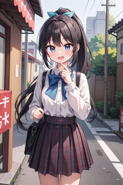 insanely detailed, absurdres, ultra-highres, ultra-detailed, best quality,
1girl, solo, nice hands, perfect hands
BREAK
jirai kei,plaid skirt, shirt, long sleeves, bow, blue skirt, white shoulder frilly shirt, outdoors, blue bow, long hair
, (cleavage:-1.5)
BREAK
happy smile, laugh, open mouth
BREAK
45 angle,
standing, cowboy shot, looking at viewer
BREAK
slender, kawaii, perfect symmetrical face, ultra cute girl, ultra cute face, ultra detailed eyes, ultra detailed hair, ultra cute, ultra beautiful
BREAK
in japanese street, cityscape in japan, depth of field, ultra detailed background
BREAK
large breasts
BREAK
black hair, black eyes, ponytail,