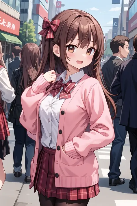 insanely detailed, absurdres, ultra-highres, ultra-detailed, best quality,
1girl, solo, nice hands, perfect hands
BREAK
(School Uniforms:1.2), (pink cardigan is fit body:1.4), ((do up a buttons, not loose):1.5), ((long sleeve, sleeves past wrists):1.2), (inner wear is white collared-shirt:1.3), (red plaid-pattern bow:1.3), (red plaid-pattern pleated skirt:1.3), ((dark-brown pantyhose, loafers):1.2)
BREAK
happy smile, laugh, open mouth, standing,
from side,
cute pose, cowboy shot
BREAK
slender, kawaii, perfect symmetrical face, ultra cute girl, ultra cute face, ultra detailed eyes, ultra detailed hair, ultra cute, ultra beautiful
BREAK
in harajuku, shibuya, tokyo, street, crowd, cityscape
BREAK
medium large breasts,
(brown hair, brown eyes), hime cut