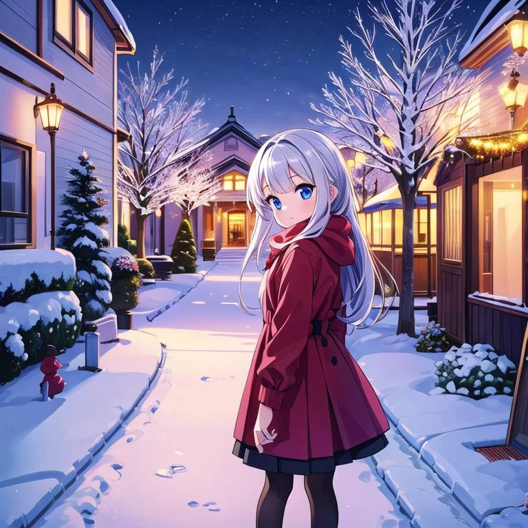 masterpiece, best quality,ultra detail, <lora:anmnr01:0.3> <lora:add_detail:0.5>,1girl,winter dress,looking at viewer,snow town,winter,snow,illumination,christmas tree,evening