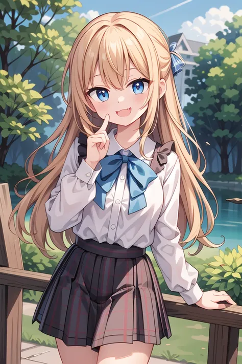 <lora:smugmouth_v100:1>
insanely detailed, absurdres, ultra-highres, ultra-detailed, best quality,
1girl, solo, nice hands, perfect hands
BREAK
jirai kei,plaid skirt, shirt, long sleeves, bow, blue skirt, white shoulder frilly shirt, outdoors, blue bow, long hair
BREAK
(nsfw:-1.5)
BREAK
(nsfw:-1.5)
BREAK
evil smile, open mouth, fang
BREAK
standing, cowboy shot, looking at viewer
BREAK
slender, kawaii, perfect symmetrical face, ultra cute girl, ultra cute face, ultra detailed eyes, ultra detailed hair, ultra cute, ultra beautiful
BREAK
in forest, depth of field, ultra detailed background
BREAK
blonde hair, blue eyes, messy hair,