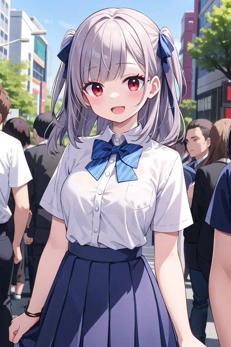 insanely detailed, absurdres, ultra-highres, ultra-detailed, best quality,
1girl, solo, nice hands, perfect hands,
BREAK
summer school uniform with indigo blue bowtie, (short sleeves, dark blue skirt, pleated skirt:1.3), (indigo blue:1.3) bowtie, (white shirt:1.3), shirt with white button, (skirt with many pleats:1.4), plain shirt, plain skirt, (striped bowtie:1.3), shirt_tucked_in 
BREAK
happy smile, laugh, open mouth, standing,
(45 angle:-1.5), (from side:-1.5),
cute pose, cowboy shot,
BREAK
slender, kawaii, perfect symmetrical face, ultra cute girl, ultra cute face, ultra detailed eyes, ultra detailed hair, ultra cute, ultra beautiful,
BREAK
in harajuku, shibuya, tokyo, street, crowd, cityscape,
BREAK
medium large breasts,
(grey hair, red eyes),