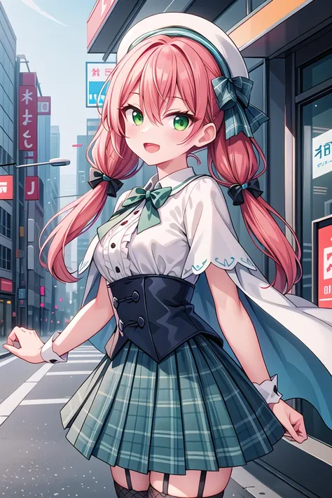 <lora:hotarueye_tsurime4_v100:1>, insanely detailed, absurdres, ultra-highres, ultra-detailed, best quality,
1girl, solo, nice hands, perfect hands
BREAK
((gothic dress, Idol costume):1.3), (green and white theme:1.2), (white blouse:1.4), ((white collar, tie):1.3), (open short-cape:1.3), (short sleeve:1.2), (green tartan-check pattern (ruffle-skirt, multilayer-skirt):1.4), (white basque-beret with ribbon:1.3), (Fishnet stockings:1.3), (glove:1.2)
BREAK
(nsfw:-1.5)
BREAK
seductive smile, open mouth
BREAK
from side,
standing, cowboy shot, looking at viewer
BREAK
slender, kawaii, perfect symmetrical face, ultra cute girl, ultra cute face, ultra detailed eyes, ultra detailed hair, ultra cute, ultra beautiful
BREAK
in street, cityscape in tokyo, depth of field, ultra detailed background
BREAK
medium breasts
BREAK
orange hair, green eyes, twintail, hair between eyes