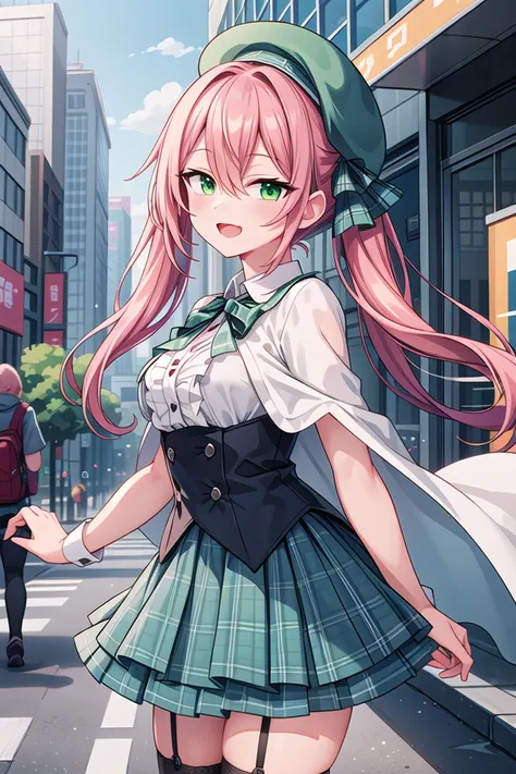 <lora:hotarueye_tsurime1_v100:1>, insanely detailed, absurdres, ultra-highres, ultra-detailed, best quality,
1girl, solo, nice hands, perfect hands
BREAK
((gothic dress, Idol costume):1.3), (green and white theme:1.2), (white blouse:1.4), ((white collar, tie):1.3), (open short-cape:1.3), (short sleeve:1.2), (green tartan-check pattern (ruffle-skirt, multilayer-skirt):1.4), (white basque-beret with ribbon:1.3), (Fishnet stockings:1.3), (glove:1.2)
BREAK
(nsfw:-1.5)
BREAK
seductive smile, open mouth
BREAK
from side,
standing, cowboy shot, looking at viewer
BREAK
slender, kawaii, perfect symmetrical face, ultra cute girl, ultra cute face, ultra detailed eyes, ultra detailed hair, ultra cute, ultra beautiful
BREAK
in street, cityscape in tokyo, depth of field, ultra detailed background
BREAK
medium breasts
BREAK
orange hair, green eyes, twintail, hair between eyes