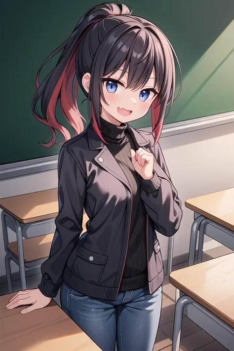 <lora:smugmouth_v100:1>
insanely detailed, absurdres, ultra-highres, ultra-detailed, best quality,
1girl, solo, nice hands, perfect hands
BREAK
pea coat, turtleneck, straight pants
BREAK
(nsfw:-1.5)
BREAK
(nsfw:-1.5)
BREAK
evil smile, open mouth, fang
BREAK
standing, cowboy shot, looking at viewer
BREAK
slender, kawaii, perfect symmetrical face, ultra cute girl, ultra cute face, ultra detailed eyes, ultra detailed hair, ultra cute, ultra beautiful
BREAK
in classroom, school desk, school chair, chalkboard, depth of field, ultra detailed background
BREAK
(random color hair, multicolored hair:1.2), rainbow color eyes, ponytail,