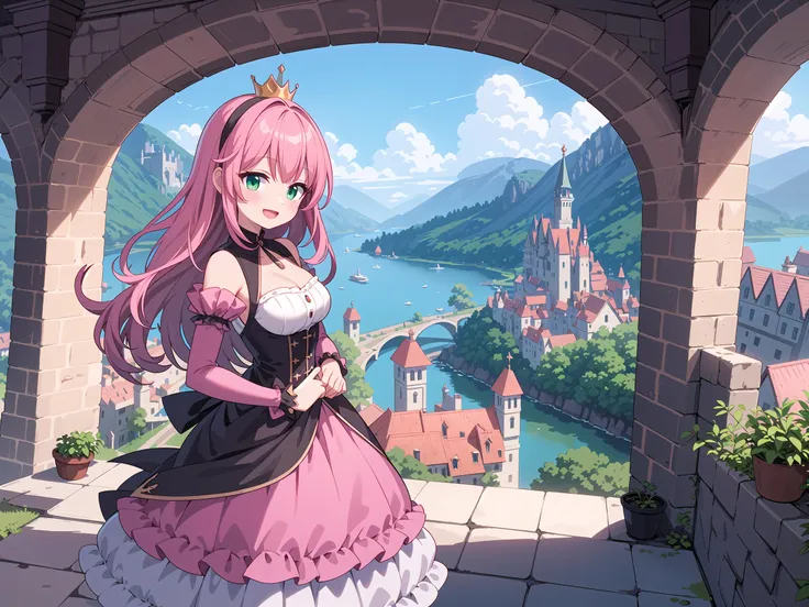 insanely detailed, absurdres, ultra-highres, ultra-detailed, best quality,
1 girl, solo, nice hands, perfect hands,
BREAK,
(wearing princess dress), teara,
happy smile, laugh, open mouth,
standing,
from side, cowboy shot, looking at viewer,
BREAK,
slender, kawaii, perfect symmetrical face, ultra cute girl, ultra cute face, ultra detailed eyes, ultra detailed hair, ultra cute, ultra beautiful,
BREAK,
fantasy world, (castle in background, lake:1.3), (very wide, panorama view, sense of depth, magnificent view:1.3)
BREAK,
princess girl, pink hair, green eyes, medium breasts