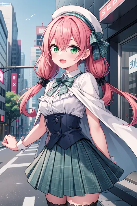 <lora:hotarueye_tareme2_v100:1>, insanely detailed, absurdres, ultra-highres, ultra-detailed, best quality,
1girl, solo, nice hands, perfect hands
BREAK
((gothic dress, Idol costume):1.3), (green and white theme:1.2), (white blouse:1.4), ((white collar, tie):1.3), (open short-cape:1.3), (short sleeve:1.2), (green tartan-check pattern (ruffle-skirt, multilayer-skirt):1.4), (white basque-beret with ribbon:1.3), (Fishnet stockings:1.3), (glove:1.2)
BREAK
(nsfw:-1.5)
BREAK
seductive smile, open mouth
BREAK
from side,
standing, cowboy shot, looking at viewer
BREAK
slender, kawaii, perfect symmetrical face, ultra cute girl, ultra cute face, ultra detailed eyes, ultra detailed hair, ultra cute, ultra beautiful
BREAK
in street, cityscape in tokyo, depth of field, ultra detailed background
BREAK
medium breasts
BREAK
orange hair, green eyes, twintail, hair between eyes