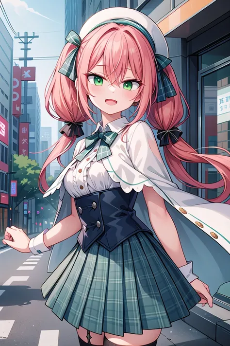 <lora:hotarueye_tsurime2_v100:1>, insanely detailed, absurdres, ultra-highres, ultra-detailed, best quality,
1girl, solo, nice hands, perfect hands
BREAK
((gothic dress, Idol costume):1.3), (green and white theme:1.2), (white blouse:1.4), ((white collar, tie):1.3), (open short-cape:1.3), (short sleeve:1.2), (green tartan-check pattern (ruffle-skirt, multilayer-skirt):1.4), (white basque-beret with ribbon:1.3), (Fishnet stockings:1.3), (glove:1.2)
BREAK
(nsfw:-1.5)
BREAK
seductive smile, open mouth
BREAK
from side,
standing, cowboy shot, looking at viewer
BREAK
slender, kawaii, perfect symmetrical face, ultra cute girl, ultra cute face, ultra detailed eyes, ultra detailed hair, ultra cute, ultra beautiful
BREAK
in street, cityscape in tokyo, depth of field, ultra detailed background
BREAK
medium breasts
BREAK
orange hair, green eyes, twintail, hair between eyes