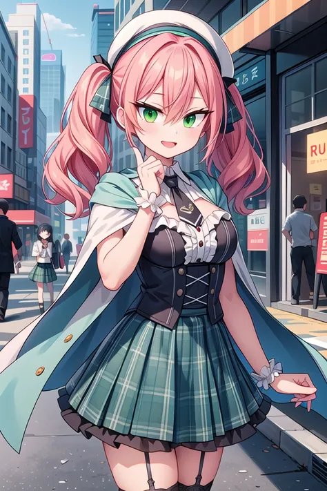 <lora:hotarueye_tsurime3_v100:1>, insanely detailed, absurdres, ultra-highres, ultra-detailed, best quality,
1girl, solo, nice hands, perfect hands
BREAK
((gothic dress, Idol costume):1.3), (green and white theme:1.2), (white blouse:1.4), ((white collar, tie):1.3), (open short-cape:1.3), (short sleeve:1.2), (green tartan-check pattern (ruffle-skirt, multilayer-skirt):1.4), (white basque-beret with ribbon:1.3), (Fishnet stockings:1.3), (glove:1.2)
BREAK
(nsfw:-1.5)
BREAK
seductive smile, open mouth
BREAK
from side,
standing, cowboy shot, looking at viewer
BREAK
slender, kawaii, perfect symmetrical face, ultra cute girl, ultra cute face, ultra detailed eyes, ultra detailed hair, ultra cute, ultra beautiful
BREAK
in street, cityscape in tokyo, depth of field, ultra detailed background
BREAK
medium breasts
BREAK
orange hair, green eyes, twintail, hair between eyes