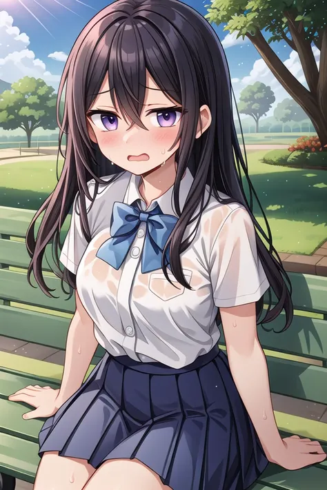<lora:worriedeyes_v200:0.3>
masterpiece, best quality, perfect symmetrical face, extremely detailed eyes,
(1 girl:1.4), one slender cute girl with perfect symmetrical face, extremely detailed eyes, cowboy shot, standing,
BREAK
(sun, strong sunlight:1.3), (in a park:1.4), (sitting on bench in park:1.3),
wet, (see-through bra, black bra under white shirt)
BREAK
(sweat on face:1.3), so hot, sad, open mouth, wavy mouth, looking at viewer
BREAK
summer school uniform with indigo blue bowtie, (white shirt:1.4), (dark blue pleated skirt:1.3), (indigo blue bowtie:1.4), short sleeves
BREAK
medium breasts, (cleavage:-1.5)
BREAK
long hair, hair between eyes, black hair, purple eyes