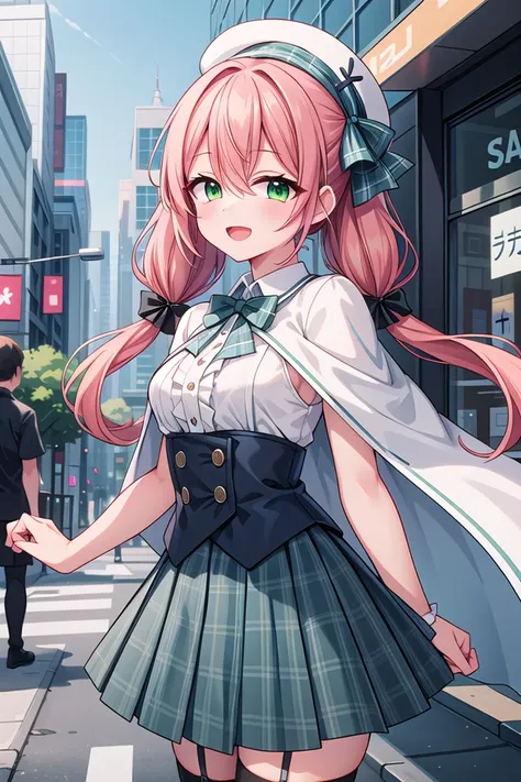 <lora:hotarueye_tareme4_v100:1>, insanely detailed, absurdres, ultra-highres, ultra-detailed, best quality,
1girl, solo, nice hands, perfect hands
BREAK
((gothic dress, Idol costume):1.3), (green and white theme:1.2), (white blouse:1.4), ((white collar, tie):1.3), (open short-cape:1.3), (short sleeve:1.2), (green tartan-check pattern (ruffle-skirt, multilayer-skirt):1.4), (white basque-beret with ribbon:1.3), (Fishnet stockings:1.3), (glove:1.2)
BREAK
(nsfw:-1.5)
BREAK
seductive smile, open mouth
BREAK
from side,
standing, cowboy shot, looking at viewer
BREAK
slender, kawaii, perfect symmetrical face, ultra cute girl, ultra cute face, ultra detailed eyes, ultra detailed hair, ultra cute, ultra beautiful
BREAK
in street, cityscape in tokyo, depth of field, ultra detailed background
BREAK
medium breasts
BREAK
orange hair, green eyes, twintail, hair between eyes
