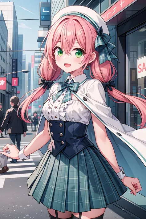 <lora:hotarueye_tareme3_v100:1>, insanely detailed, absurdres, ultra-highres, ultra-detailed, best quality,
1girl, solo, nice hands, perfect hands
BREAK
((gothic dress, Idol costume):1.3), (green and white theme:1.2), (white blouse:1.4), ((white collar, tie):1.3), (open short-cape:1.3), (short sleeve:1.2), (green tartan-check pattern (ruffle-skirt, multilayer-skirt):1.4), (white basque-beret with ribbon:1.3), (Fishnet stockings:1.3), (glove:1.2)
BREAK
(nsfw:-1.5)
BREAK
seductive smile, open mouth
BREAK
from side,
standing, cowboy shot, looking at viewer
BREAK
slender, kawaii, perfect symmetrical face, ultra cute girl, ultra cute face, ultra detailed eyes, ultra detailed hair, ultra cute, ultra beautiful
BREAK
in street, cityscape in tokyo, depth of field, ultra detailed background
BREAK
medium breasts
BREAK
orange hair, green eyes, twintail, hair between eyes