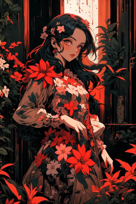 (masterpiece, best quality, detailed, flat colors), (noir), industrial, high contrast, (rococo), oil painting, ominous BREAK (solo), (dryad), flower dress, (fl0r4l_1), floral dress, bloodstainai, looking at viewer, (flowers), <lora:fl0r4l_1:0.7> <lora:Bloodstainai:0.5>