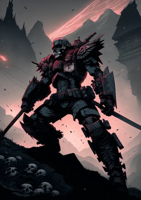 <lora:bloodstainedVector_v10:1> bloodstainai, ((one warrior with claymore)), (skulls covering ground)