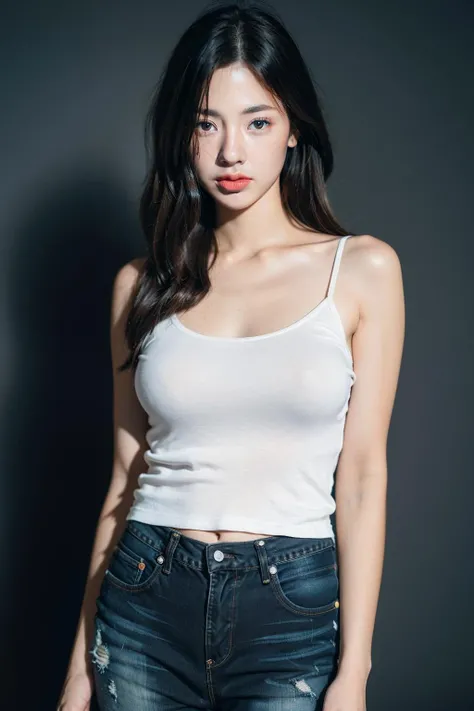 1girl, black hair, white camisole, jeans, (isolated on dark-grey background:1.2), dynamic pose, (low key lighting:1.2), shot on Canon EOS 5D,
<lora:kkaimukV1:0.6>, best quality, ultra high res, (photorealistic:1.4), masterpiece, real life skin, hyper real, Depth of field, perspective, detailed beautiful eyes and detailed face,