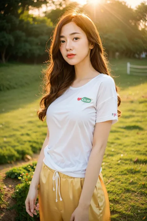 top-quality, ​masterpiece, 8K, Super high resolution, (Photorealsitic:1.4), 1girl in, beautiful countenance, symmetrical eye, Skinny Japanese lady, 30 years old, Small breasts, thin waist, T-shirt, short skirt, Look at viewers, front-facing view, In forest