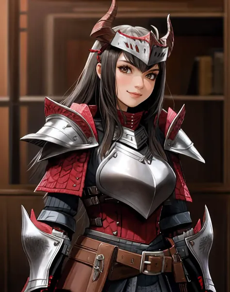 ((Masterpiece, best quality)),photography, detailed skin, realistic, photo-realistic, 8k, highly detailed, full length frame, High detail RAW color art, diffused soft lighting, shallow depth of field, sharp focus,smiling,dark haired woman,
red edgRathArmor, solo, standing, horns, belt, armor, blurry, 1girl, helmet, spikes, full armor, monster hunter (character) ,wearing edgRathArmor <lora:Rathalos_Armorv2:0.8>
