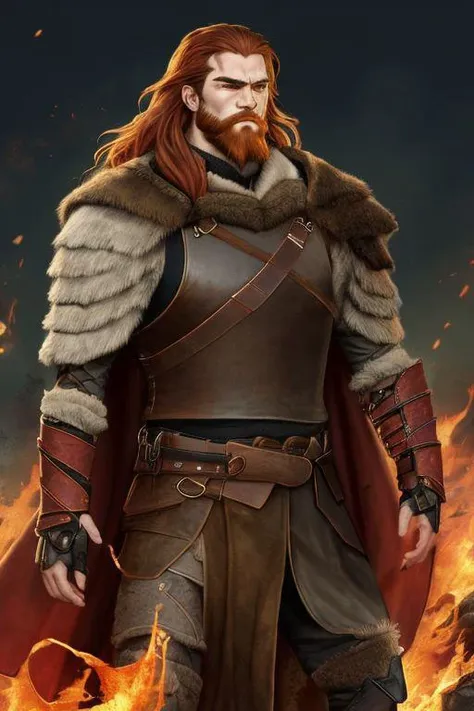 A towering figure human male, 22 years old,, muscles rippling beneath weathered skin. Unkempt red long hair the color of burning embers falls in wild disarray with a trimmed red beard. Rugged features, a strong jawline. Smoldering green eyes with primal intensity. Clad in armor crafted from layered hides, furred pelts draped over broad shoulders. Leather vambraces, with a great cloak of matted fur billows behind.