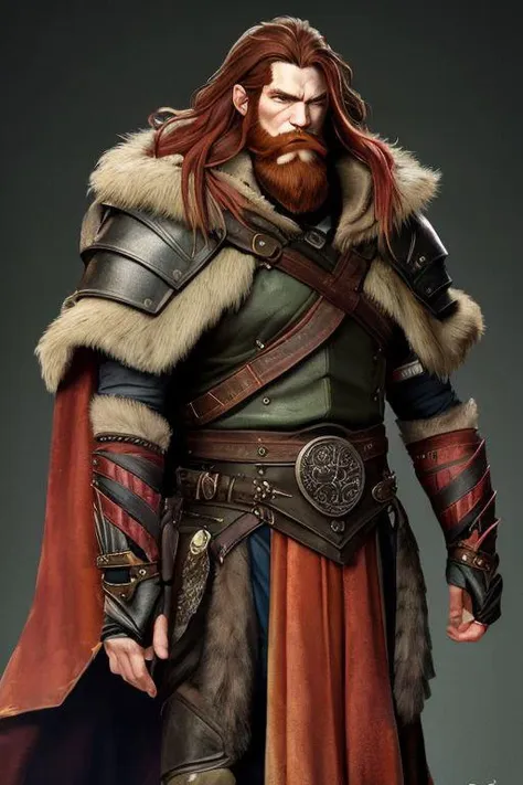 A towering figure human male, 22 years old,, muscles rippling beneath weathered skin. Unkempt red long hair the color of burning embers falls in wild disarray with a trimmed red beard. Rugged features, a strong jawline. Smoldering green eyes with primal intensity. Clad in armor crafted from layered hides, furred pelts draped over broad shoulders. Leather vambraces, with a great cloak of matted fur billows behind.