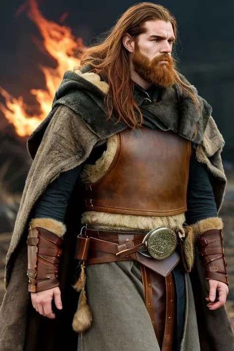 A towering figure human male, 22 years old,, muscles rippling beneath weathered skin. Unkempt red long hair the color of burning embers falls in wild disarray with a trimmed red beard. Rugged features, a strong jawline. Smoldering green eyes with primal intensity. Clad in armor crafted from layered hides, furred pelts draped over broad shoulders. Leather vambraces, with a great cloak of matted fur billows behind.