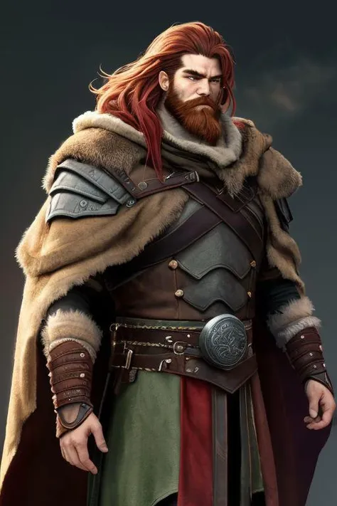 A towering figure human male, 22 years old,, muscles rippling beneath weathered skin. Unkempt red long hair the color of burning embers falls in wild disarray with a trimmed red beard. Rugged features, a strong jawline. Smoldering green eyes with primal intensity. Clad in armor crafted from layered hides, furred pelts draped over broad shoulders. Leather vambraces, with a great cloak of matted fur billows behind.