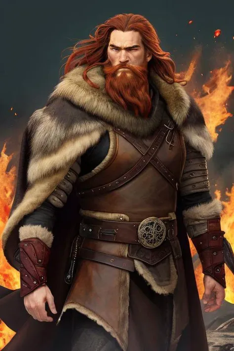 A towering figure human male, 22 years old,, muscles rippling beneath weathered skin. Unkempt red long hair the color of burning embers falls in wild disarray with a trimmed red beard. Rugged features, a strong jawline. Smoldering green eyes with primal intensity. Clad in armor crafted from layered hides, furred pelts draped over broad shoulders. Leather vambraces, with a great cloak of matted fur billows behind.